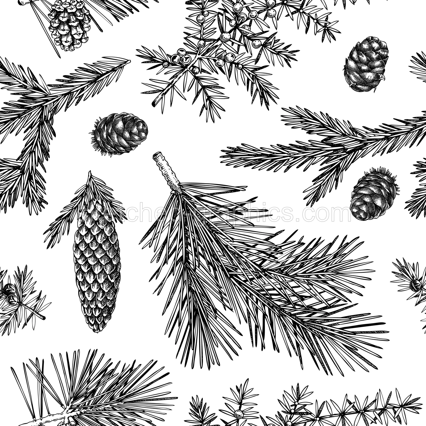 Winter garden seamless pattern. Christmas background. Conifer tree sketches. Hand-drawn vector illustration. NOT AI generated Illustration